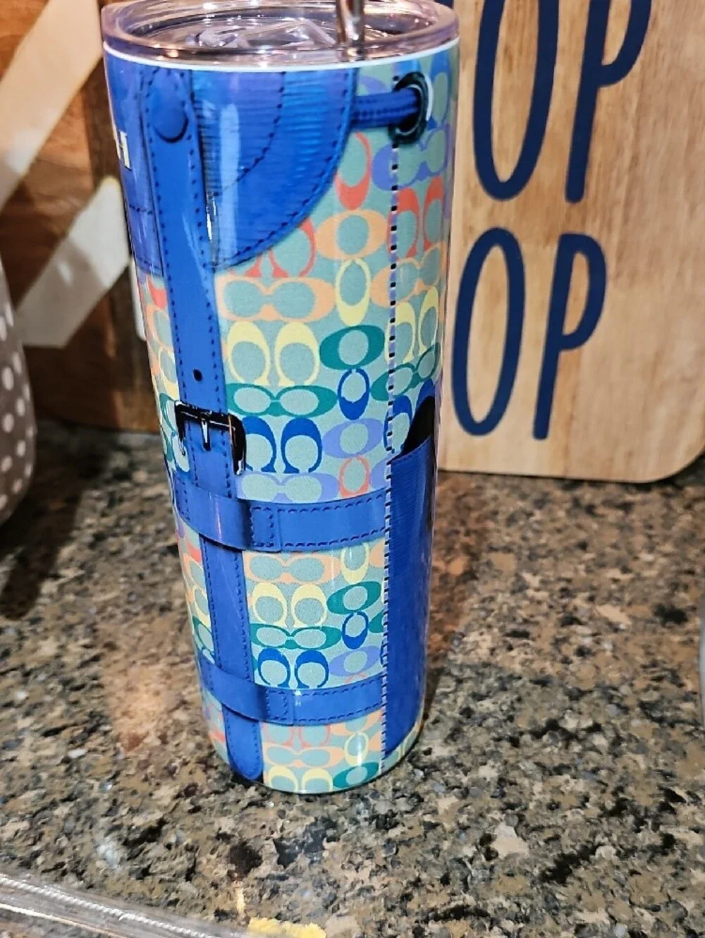 Coach Multicolor Signature Patterned Travel Tumbler with Blue Trim